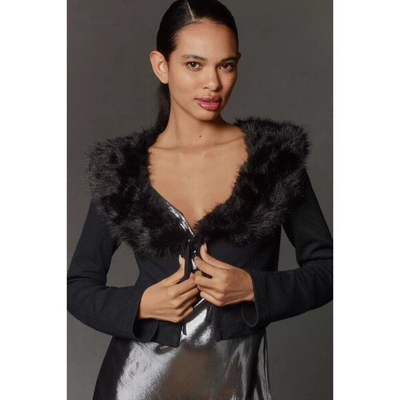 Maeve Faux-Fur Collar Y2k Style Cropped Cardigan L - Picture 1 of 4